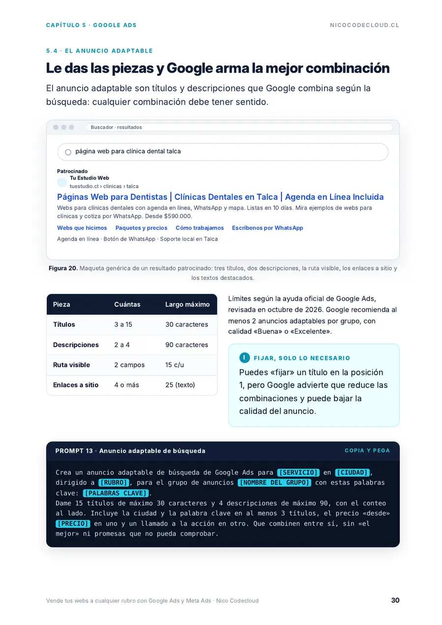Página 30 de la guía «Vende tus webs a cualquier rubro con Google Ads y Meta Ads»
